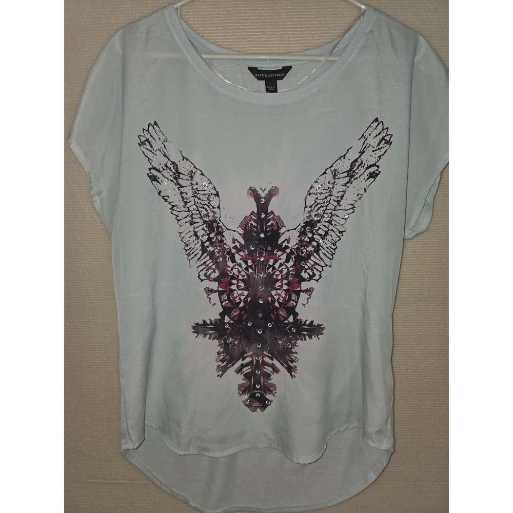 Rock & Republic Mint Green Eagle Graphic Rhinestone Top High Low Hem Large